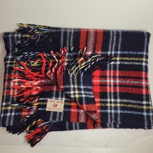 Troy Robe Plaid Wool Oversized Throw Stadium Blanket Black Red White VTG Fringed